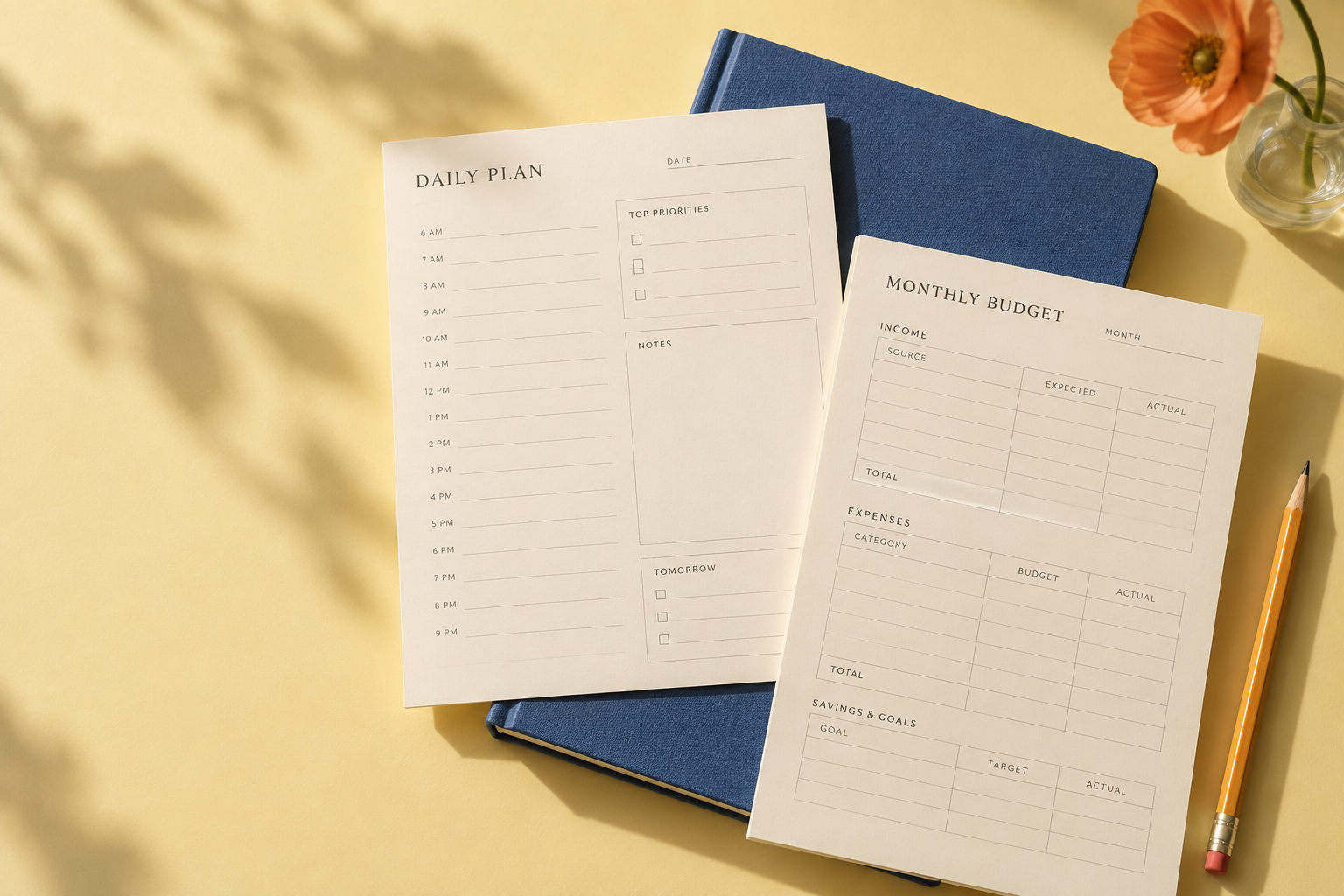 Daily planner and monthly budget pages on a sunlit desk with a blue notebook